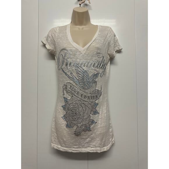 Raw‎ Yalty V Neck Cream Tee with Blue Silver Embellishments Size Large Pre-owned - Picture 1 of 8